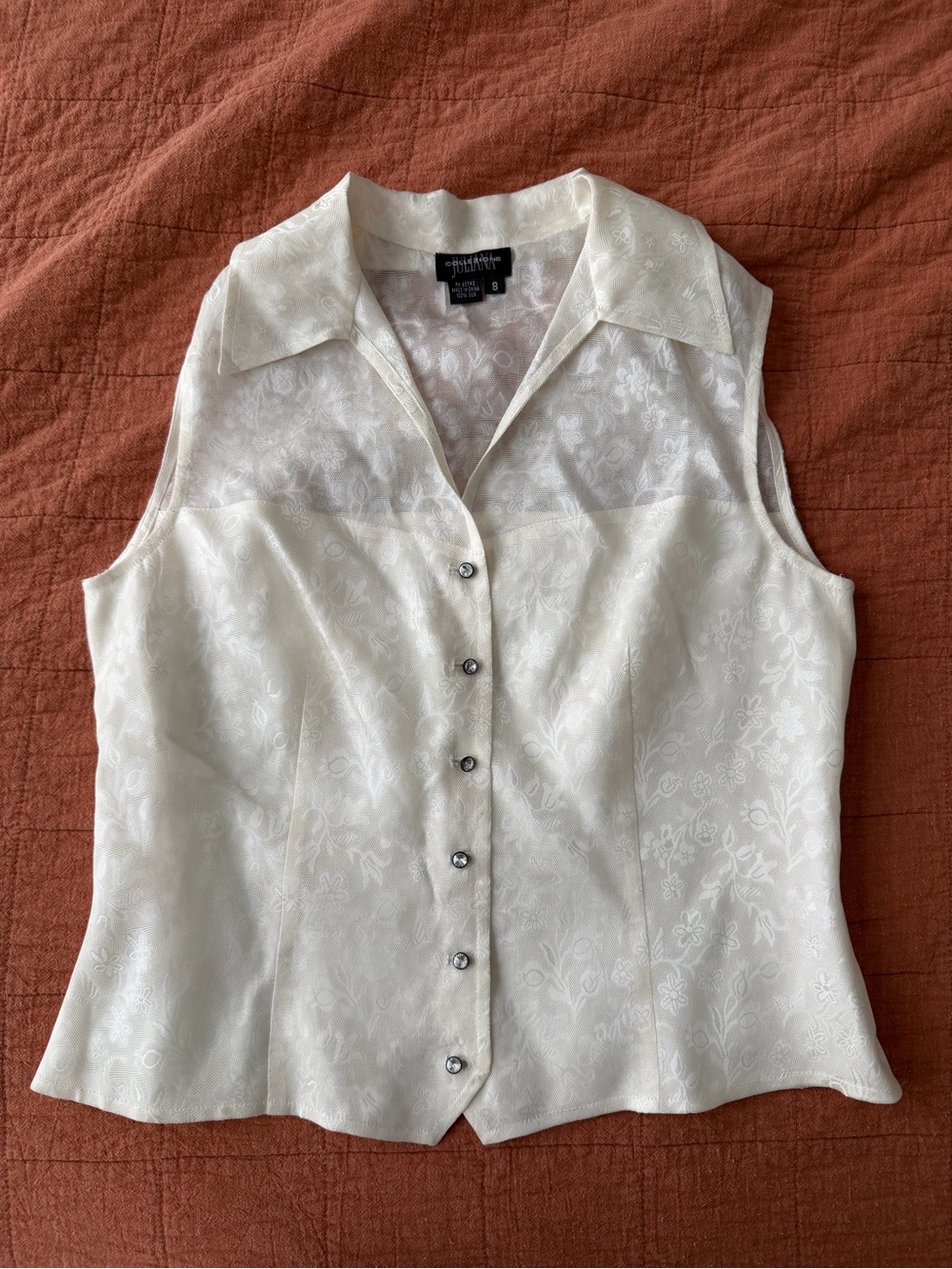 Vtg Juliana Collezione 100% Silk Floral Jacquard Sleeveless Top 8 Ivory Formal